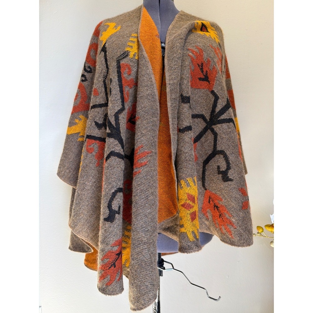 Parsley & Sage Reversible Ruana Poncho Shawl Geometric Floral Acrylic France